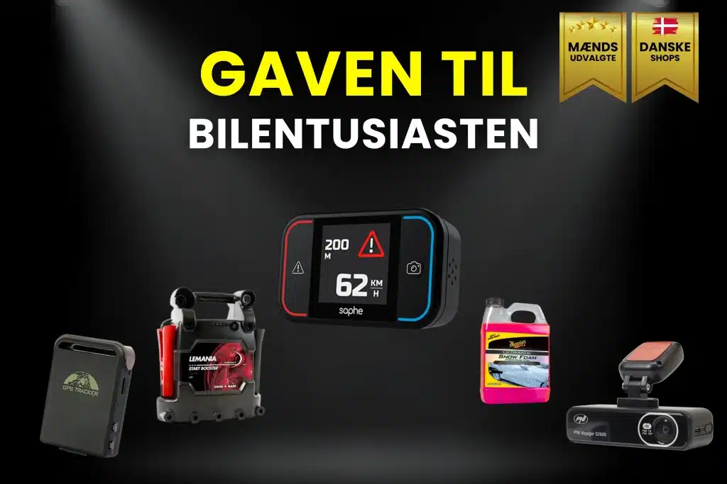 Billede af 5 udvalgte gaveideer til bilentusiasten. Bl.a. en saphe alarm, en motorstarter, en gps tracker og dashcam