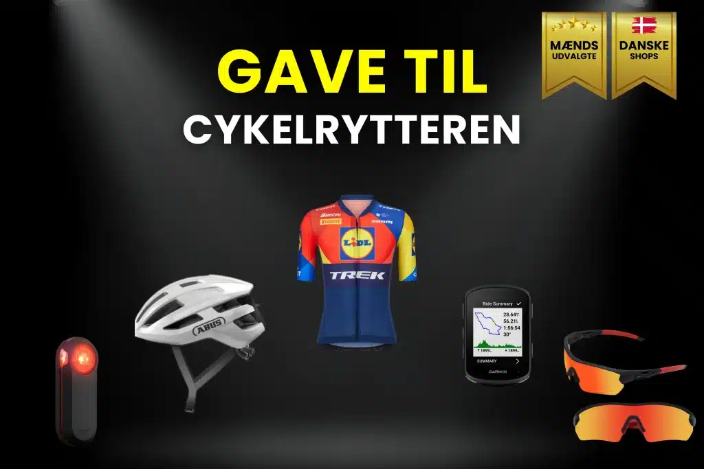 Billede af gaver til cykelrytteren. Det er bl.a. en cykelhjelm, cykeltrøje, briller til sport, og cykelcomputer