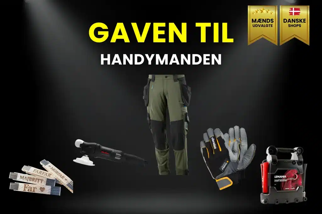Gaver til handymanden som billede. F.eks. et par arbejdsbukser, stødabsoberende handsker, poleringsmaskine og tommestok