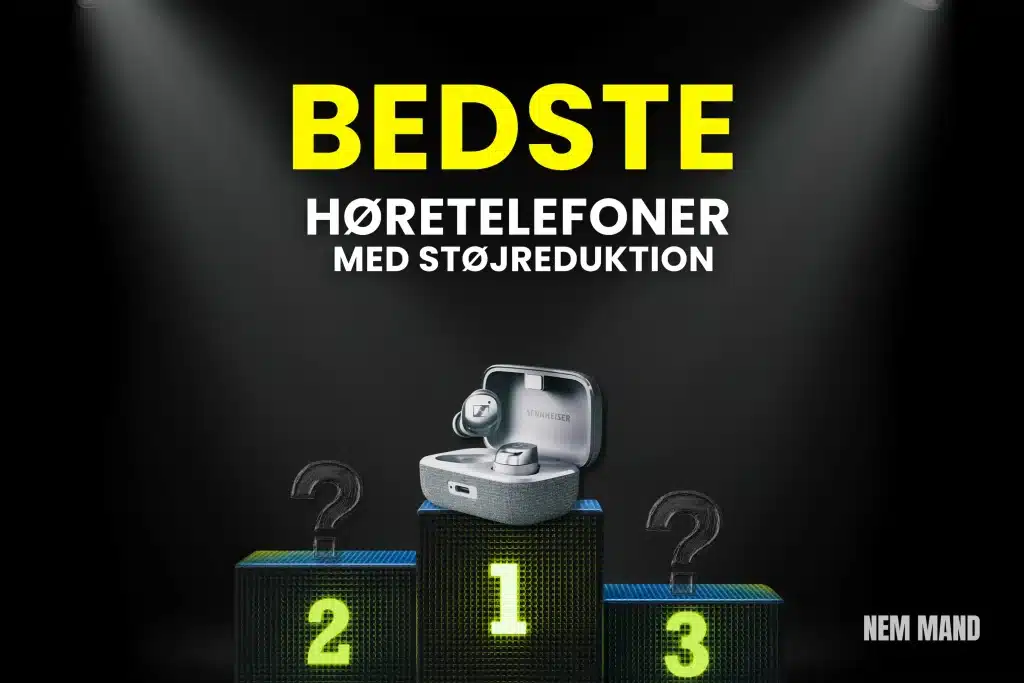 Bedst i test høretelefoner med støjreduktion vist på podie med nummer 1 som vinder og sammenligning af topmodeller