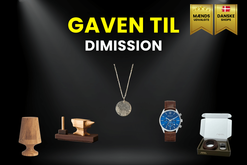 Billede af gaven til dimission. Det er bl.a. unik træfigur, flot ur, personlig halskæde, og indgraveret bælte