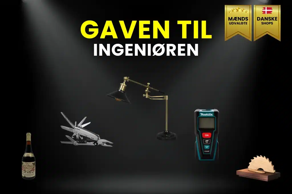 Billede af gave til ingeniøren. Bl.a. en flot kontorlampe, mulitool. lasermåler, unikt træstykke med ingeniør udskæring og mere