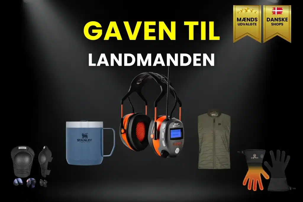 Billede af gaver til landmand. Bl.a. høreværn med lyd, termokrus, vest med varme, handsker med varme og mere