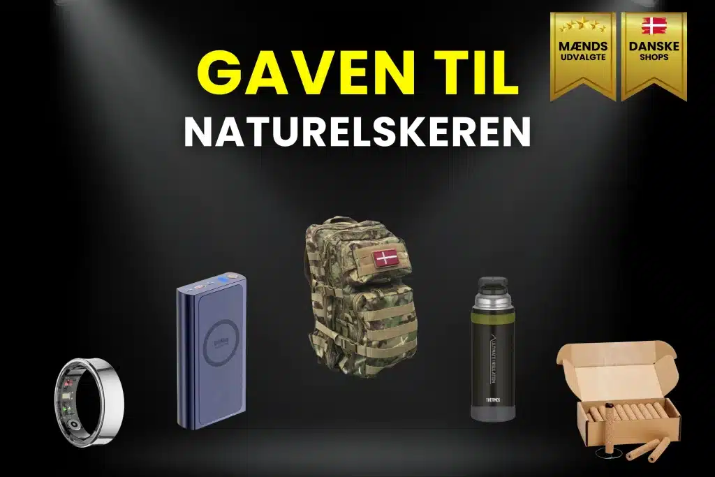 Billede af gaver til naturelskeren. Det er bl..a. en lækker rygsæk, smokepins, powerbank, termoflaske og smart ring