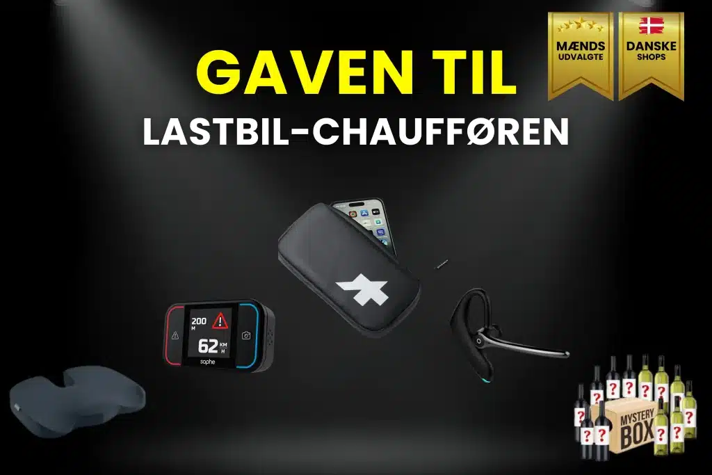 Billede af gaveideer til lastbilchaufføren. Det er bla et trådløst headset, sidepudde, fartkontrol fra Saphe og rejsetaske