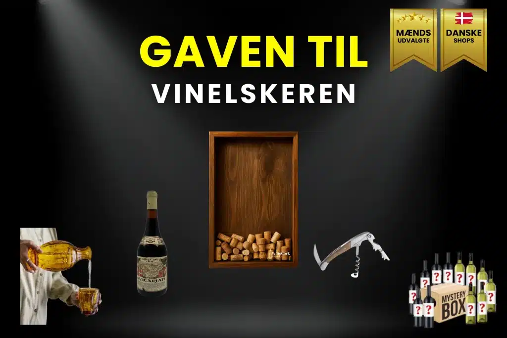 Billede af gaver til vinelskeren. Det er bl.a. ramme med vinpropper, årgangsvine, proptrækker, vinkaraffel og vin mystery boks