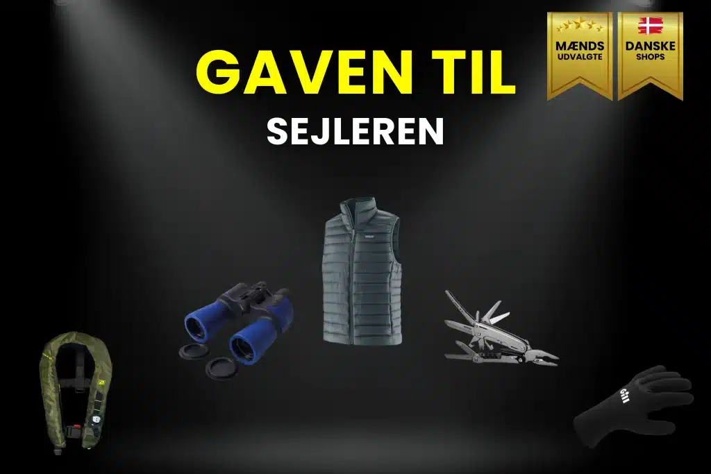Billede af gaver til sejleren. Det er bl.a. en lækker vest, en søkikkert, vanftæt taske, multitool og mere