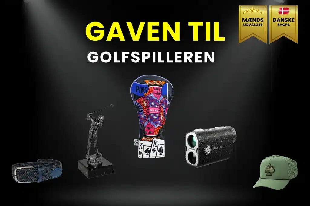 Billede af gaven til golfspilleren. Det er bl.a. rangefinder, golfstatue, golfcap, og sportsbælte