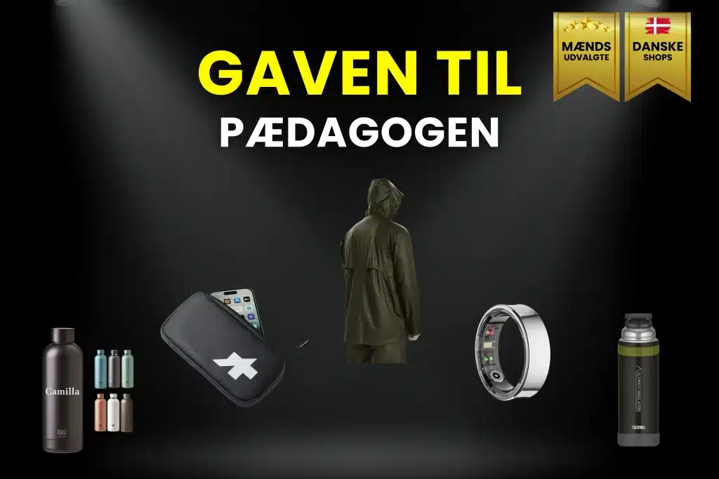 Billede af gaven til pædagog. Det er bl.a. regnsæt, smartring, personlig krus, termokande og mere
