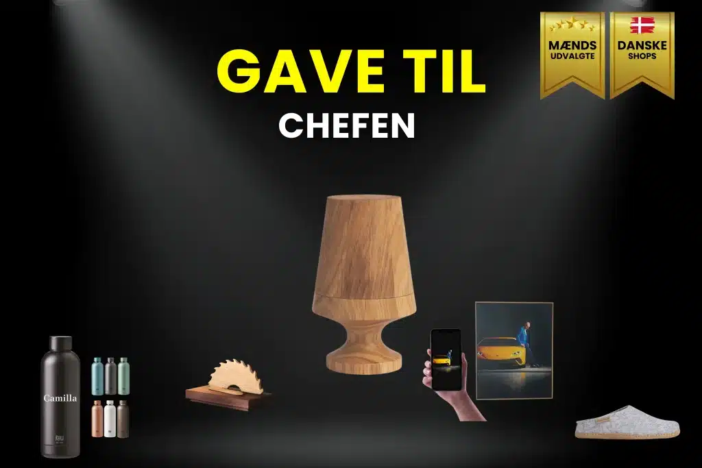 Billede af 5 gode gaveideer til chefen. Det er bl.a. rafflebæger, hjemmesko, billede, personlig figur osv.