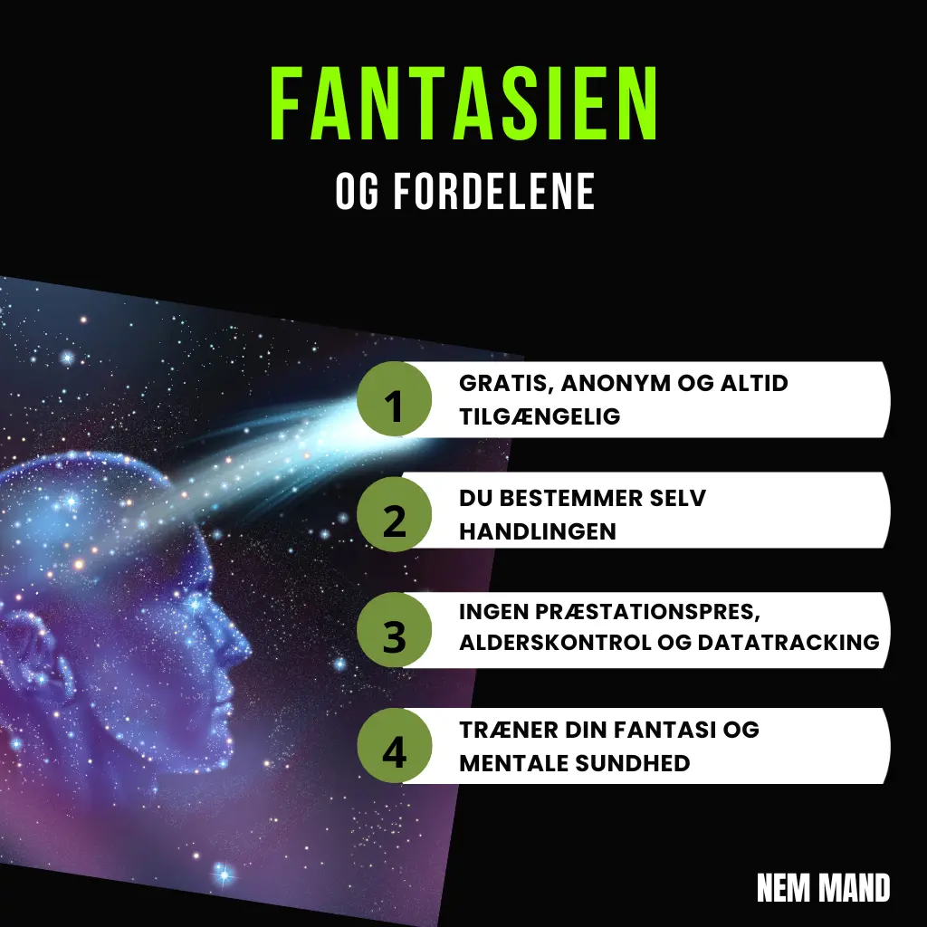 Infografik over fantasien og dens fordele ift. porno kigning. Det er f.eks. at den er gratis og altid tilgængelig og styrker mental sundhed