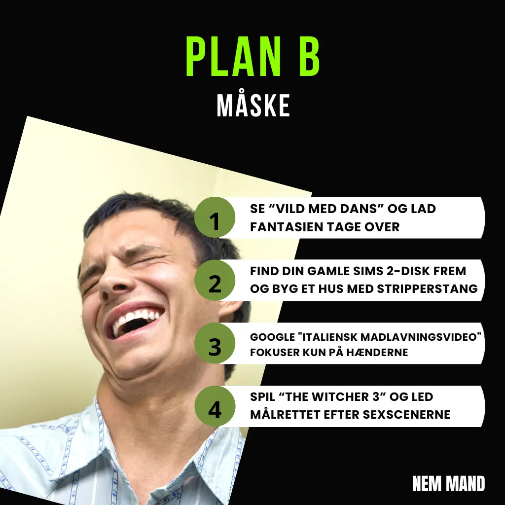 Infografik over sjove plan b alternativer... F.eks. at spille sims 2 og the witcher, eller se youtube vidoer med italiens madlavning