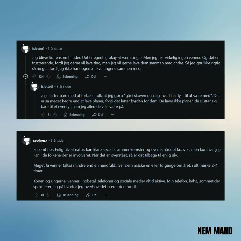 Billede af screenshot af social medie forum fra reddit, hvor danske mænd skriver om ensomhed, og kommer med gode tips