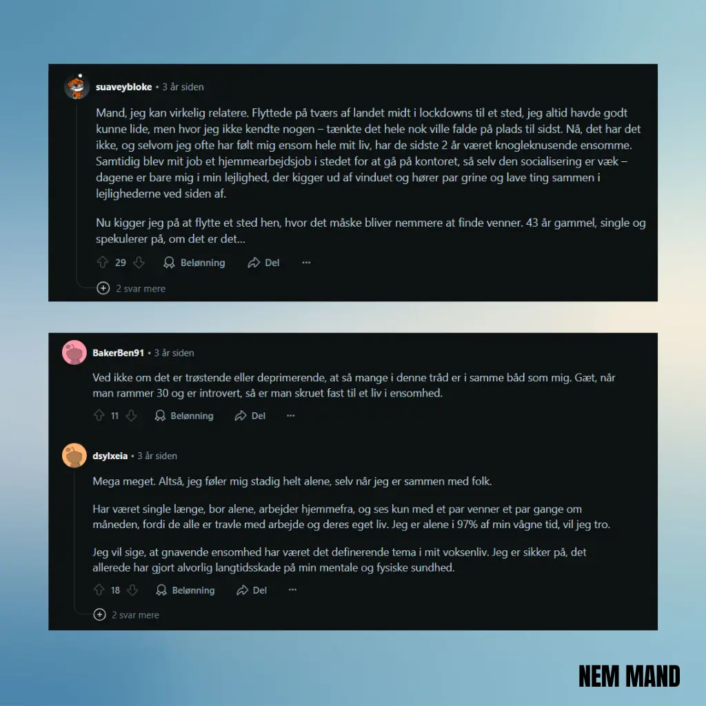 Billede af screenshot af social medie forum fra reddit, hvor danske mænd skriver om ensomhed, og kommer med gode råd og opløftende ord