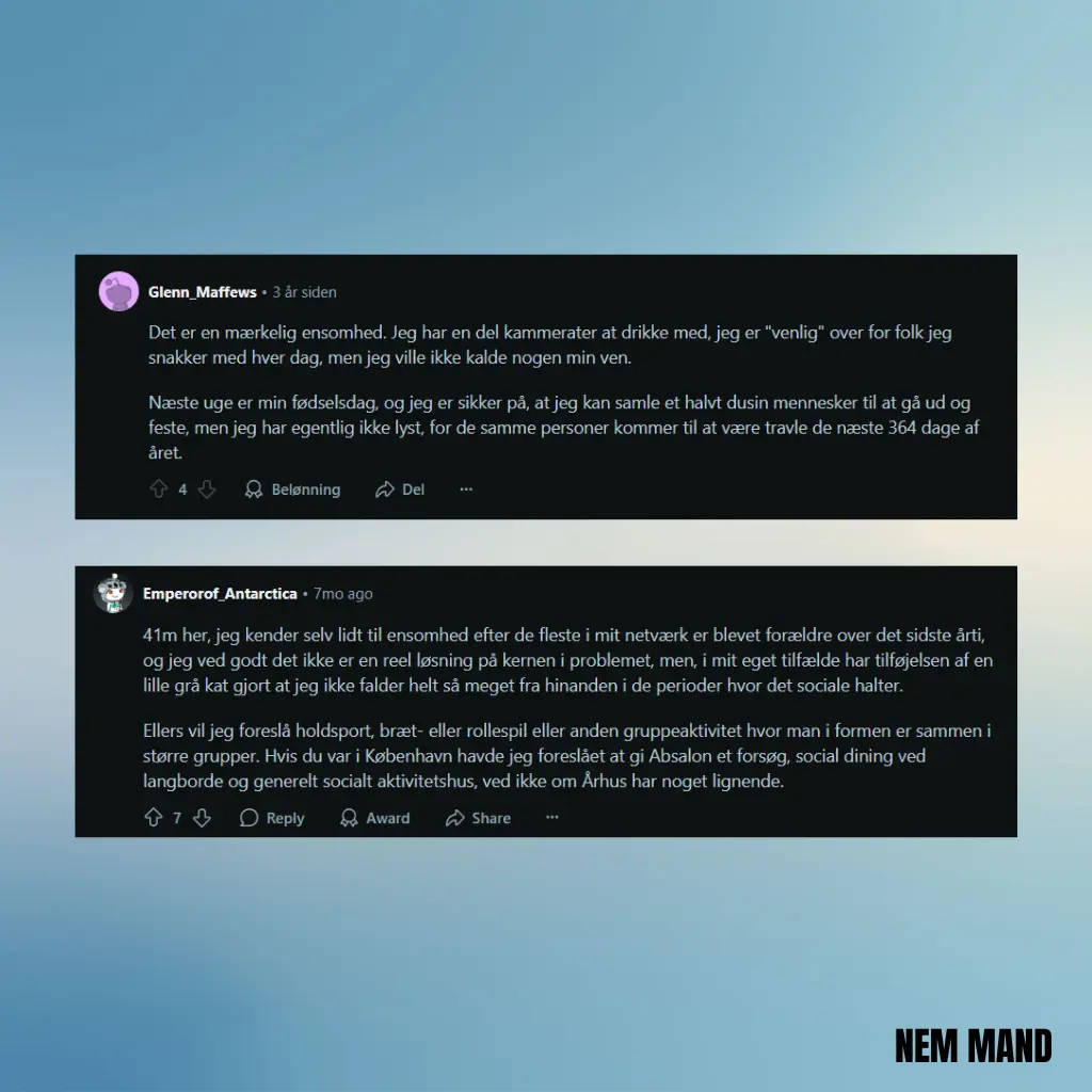 Billede af screenshot af social medie forum fra reddit, hvor danske mænd skriver om ensomhed, og kommer med gode råd til hinanden