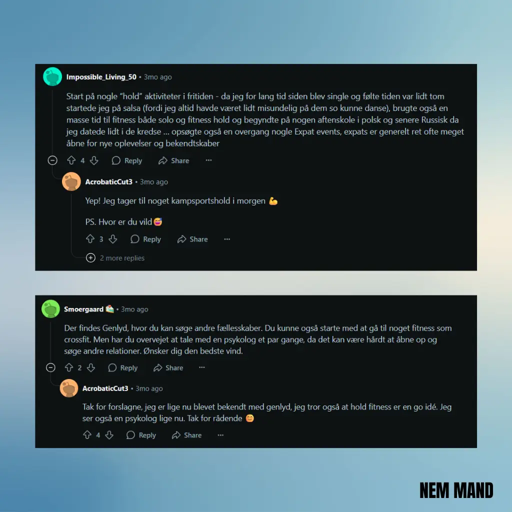 Billede af screenshot af social medie forum fra reddit, hvor danske mænd skriver om ensomhed, og kommer med gode råd
