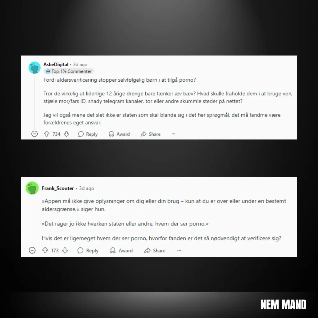 Screenshots af danskernes mening om tiltaget fra reddit og facebook... Folk syens ikke godt om det, men der er dog én der synes dete er godt at beskytte børnene