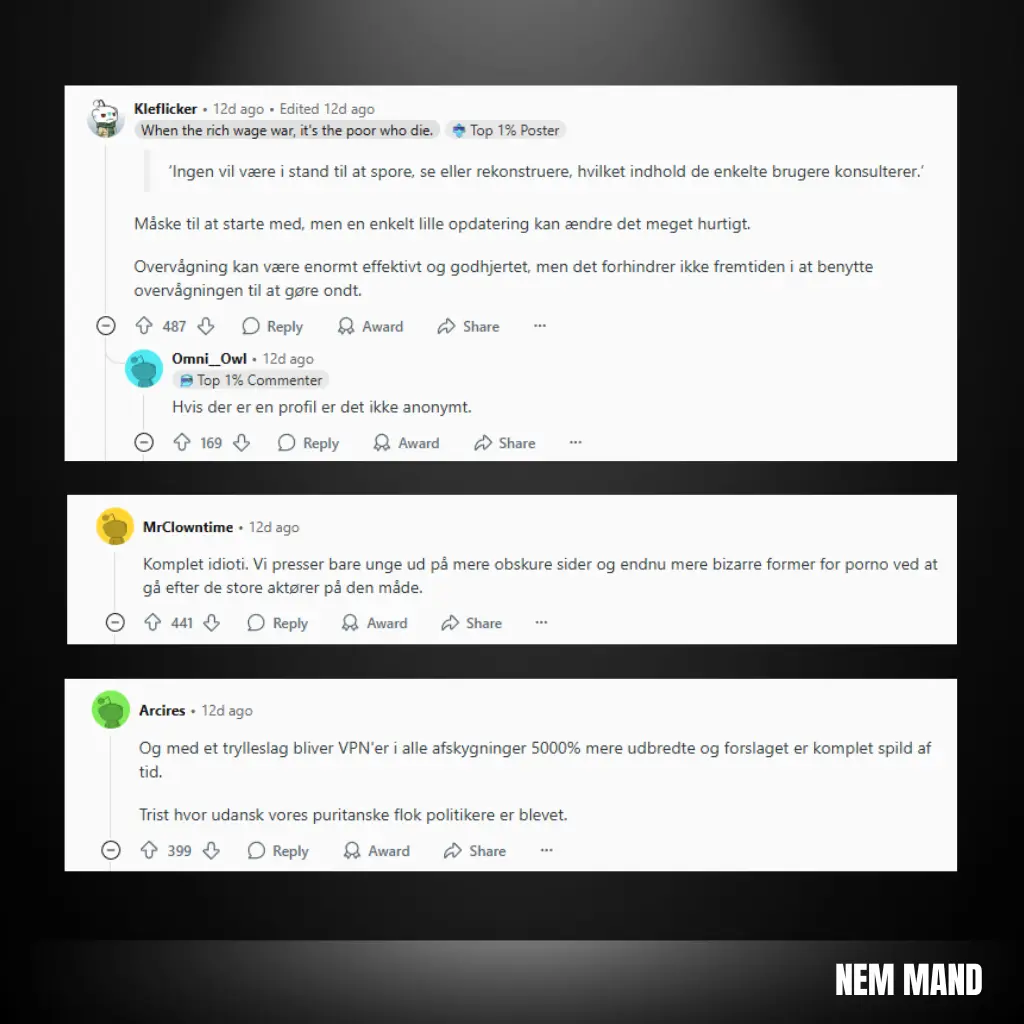 Screenshots af danskernes mening om tiltaget fra reddit og facebook... Folk syens ikke godt om det, men der er dog én der synes dete er godt at beskytte børnene i danmark