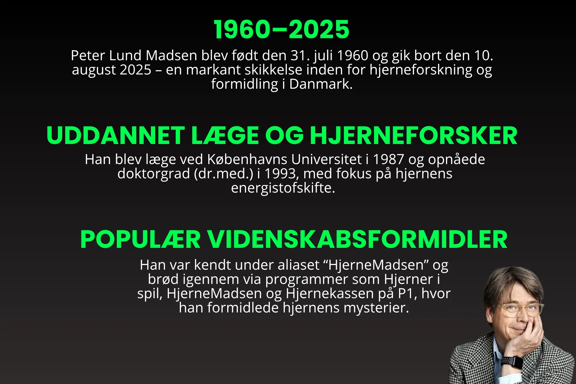 Infografik over Peter Lund Madsens liv i korte træk. Bl.a. hans fødselsår, hans uddannelse, arbejde osv.