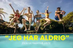 Billede af unge mennesker der har det sjovt, og en tekst hvor der står "Jeg har aldrig"