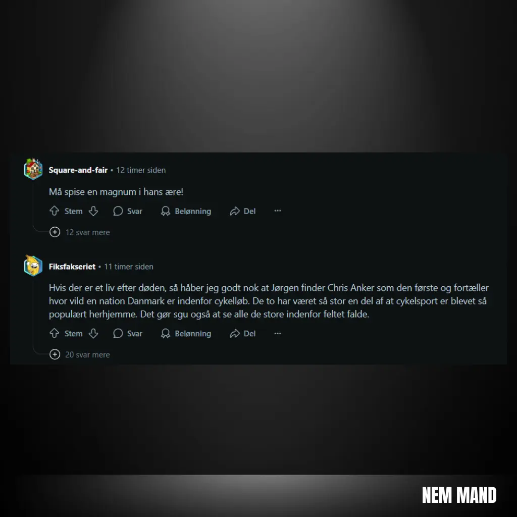 Screenshot fra Reddit hvor vi ser Danskernes reaktion på Jørgen Leths død