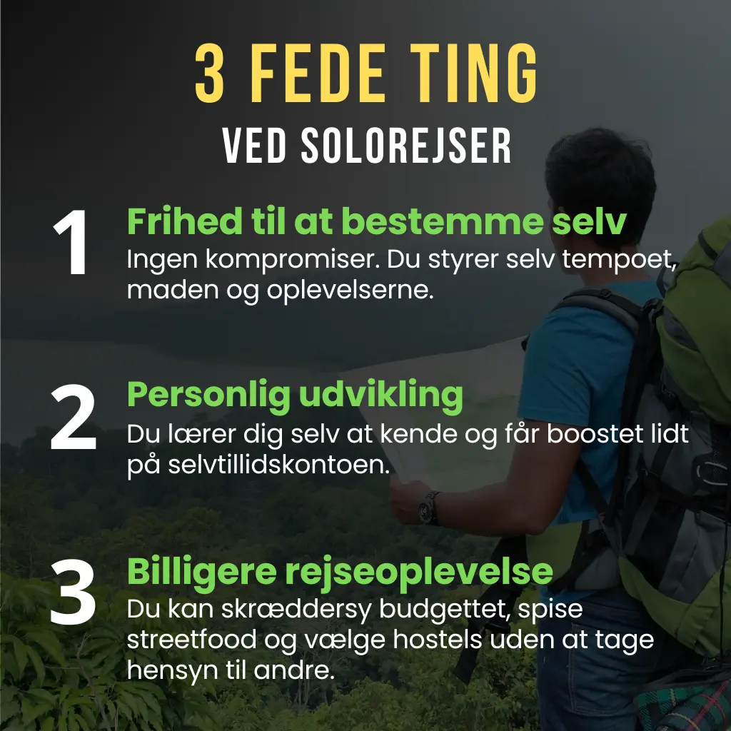 Infogrfafik over de fedeste ting ved at rejse på solorejse. Det er bl.a. frihed, personlig udvikling, og at sparre penge