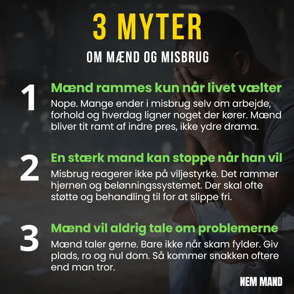 Infografik med tre myter om mænd og misbrug og korte forklaringer om hvorfor myterne ikke passer.