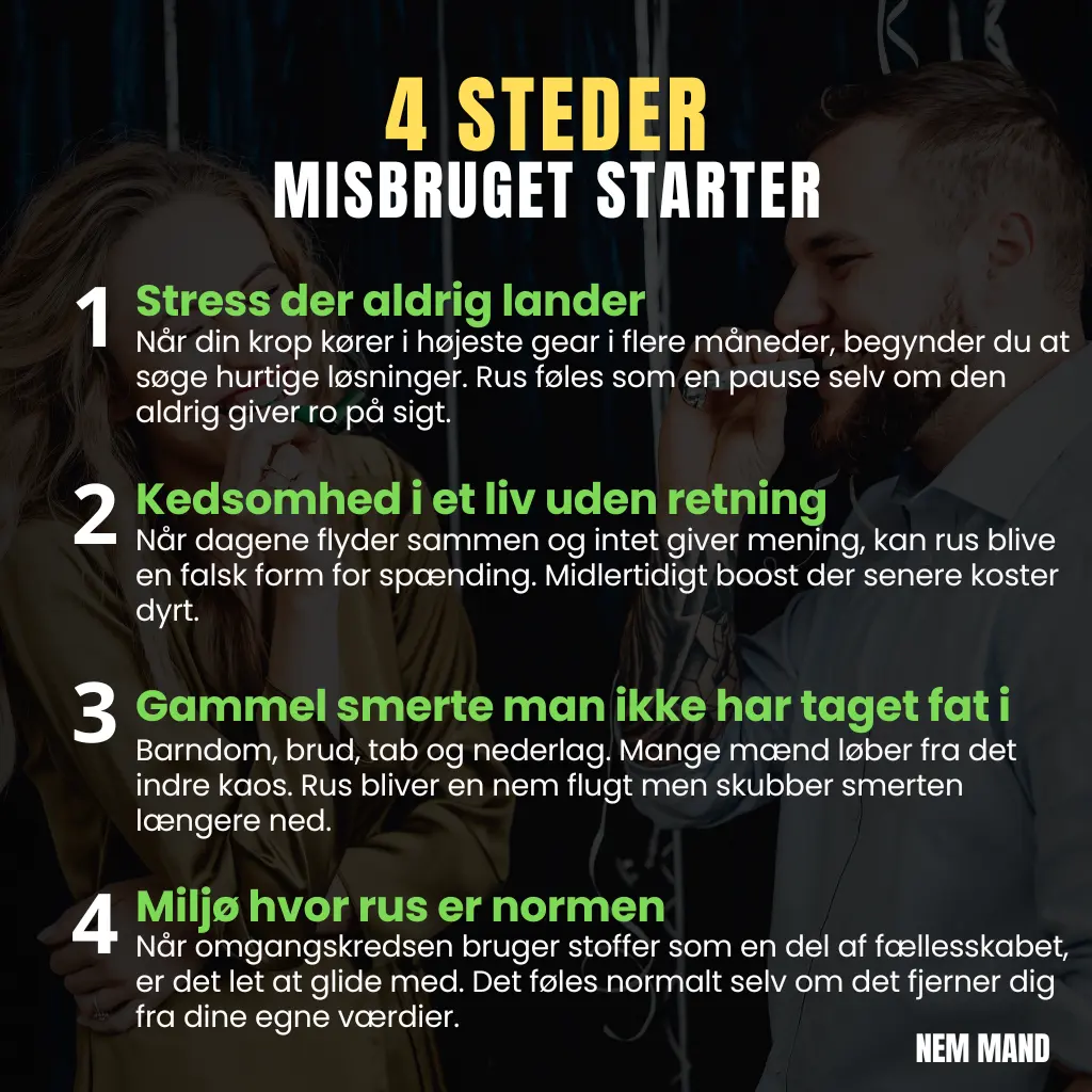 Infografik med fire almindelige årsager til at misbrug starter hos mænd, blandt andet stress, tomhed og gamle følelsesmæssige sår.