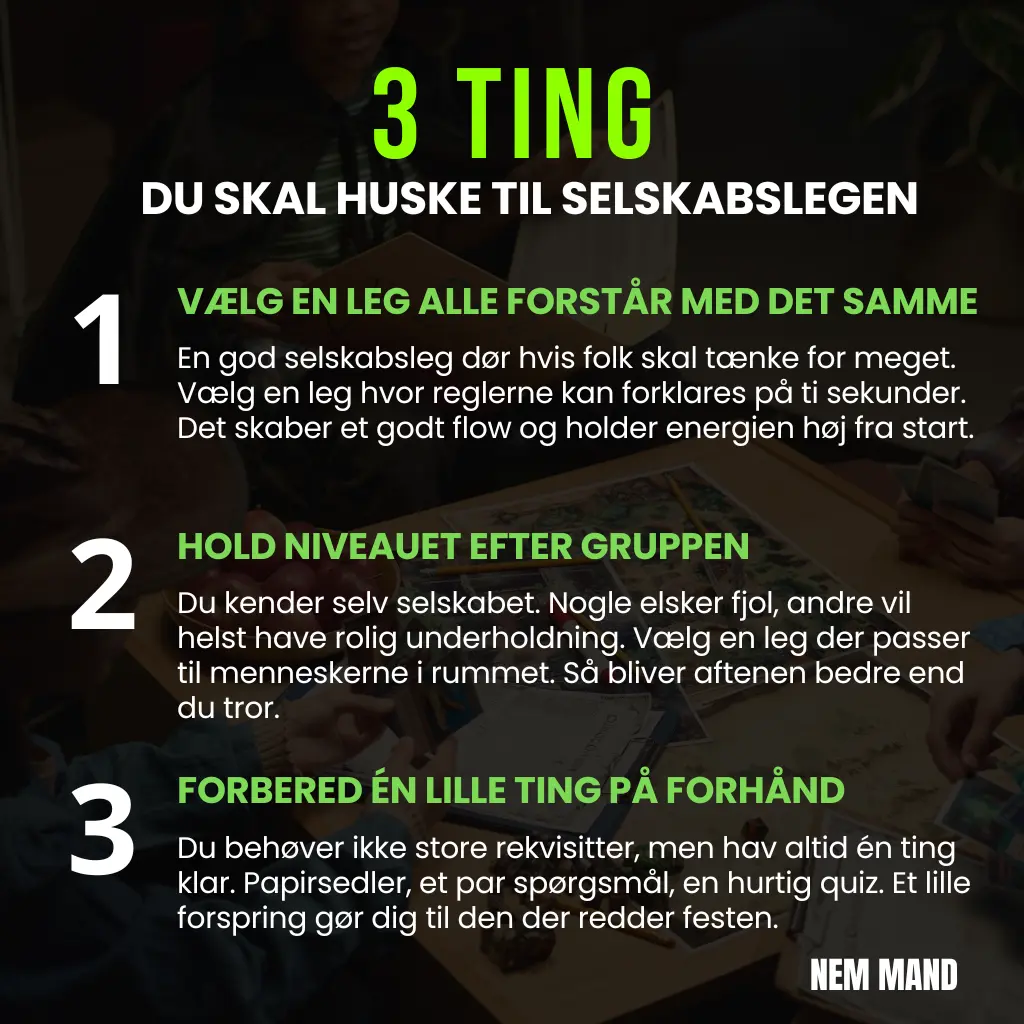 Infografikken viser tre simple ting du skal huske når du vælger en selskabsleg til voksne. Formålet er at give lynhurtig guidance så alle kan få en stærk start på aftenen. Første punkt handler om at vælge en leg som alle forstår med det samme. Det giver tempo og gør det nemt for selv de stille personer at være med. Andet punkt minder dig om at holde niveauet efter gruppen. En leg virker bedst når den matcher menneskerne i rummet. Tredje punkt fremhæver hvor meget én lille forberedelse kan løfte en fest. Et par sedler. en hurtig quiz eller nogle spørgsmål er ofte nok til at du fremstår som ham der har styr på tingene. Infografikken hjælper brugeren med at træffe det rigtige valg og giver et klart overblik over hvad der skaber en god selskabsleg for voksne.