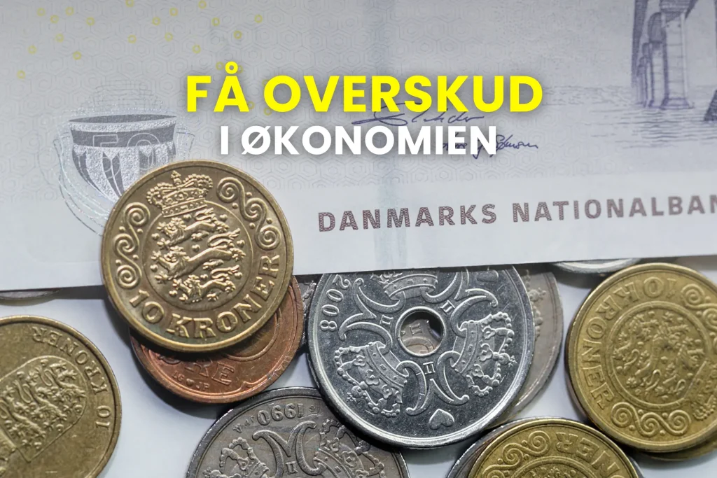Billede af danske mønter og sedler, hvor der står "få overskud i økonomien" som overskrift