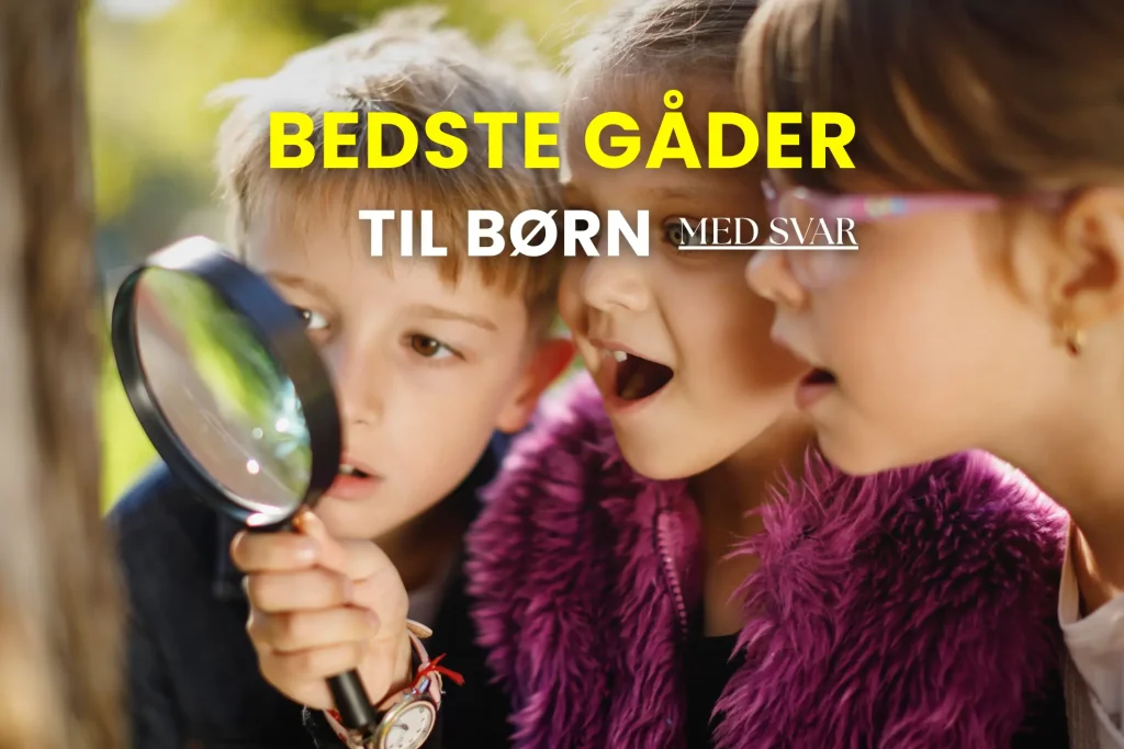 Billede af børn der forsøger at løse en gåde. Og teksten bedste gåder for børn med svar