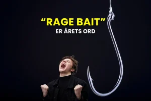 Billede af ordet rage bait og en mand der er vred og bliver lokket i fælden af en krog