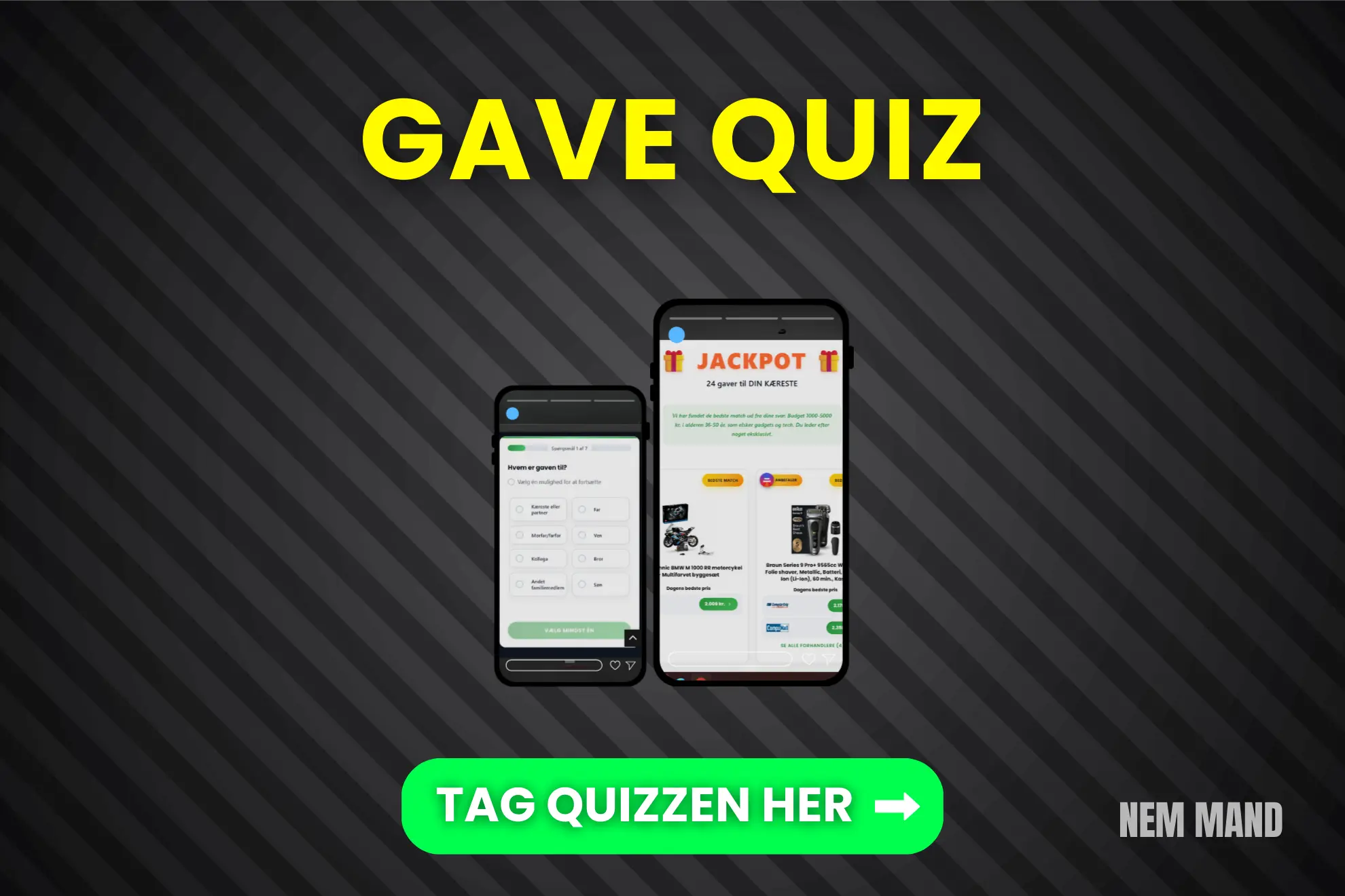 Billede af gave quiz og screenshots af selve quizzen, så læseren får et overblik over hvordan det ser ud samt en knap der viser at man skal trykke på billedet, så man kommer til quizzen