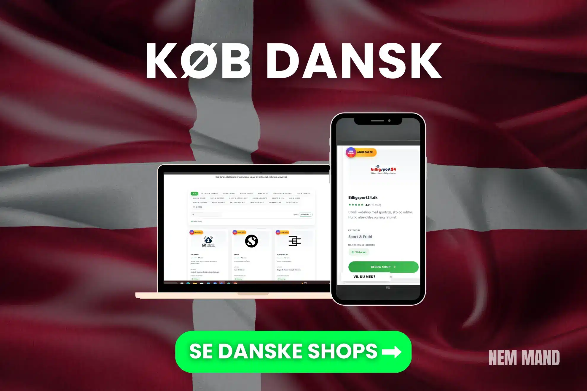 Billede med overskriften køb dansk, samt screenshots af hvordan man finder og bruger nemmands danske shops