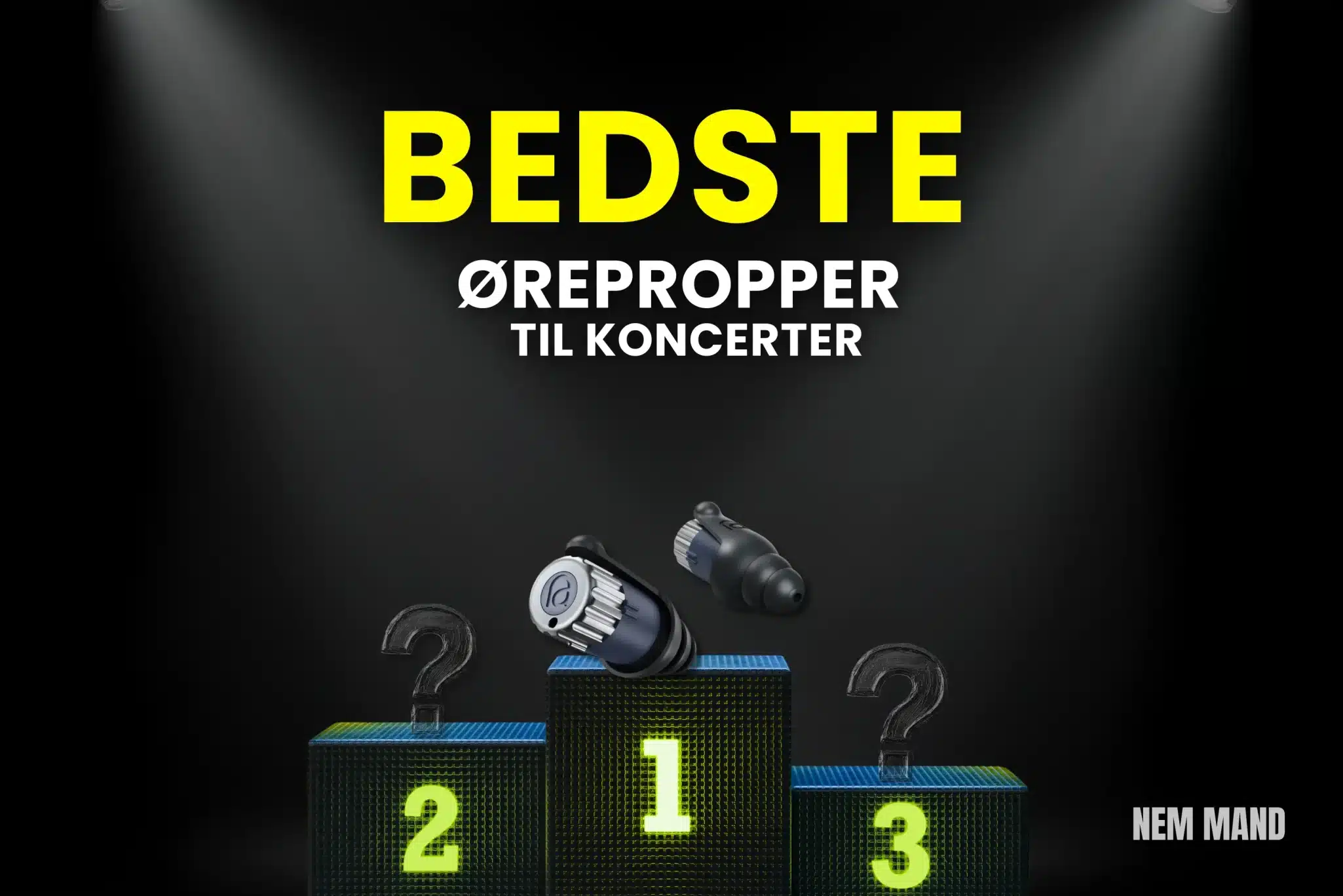 Bedst i test ørepropper til koncerter vist på podie med nummer 1 som vinder, hvor de bedste ørepropper sammenlignes for optimal høreværn og lydoplevelse til live musik og koncerter