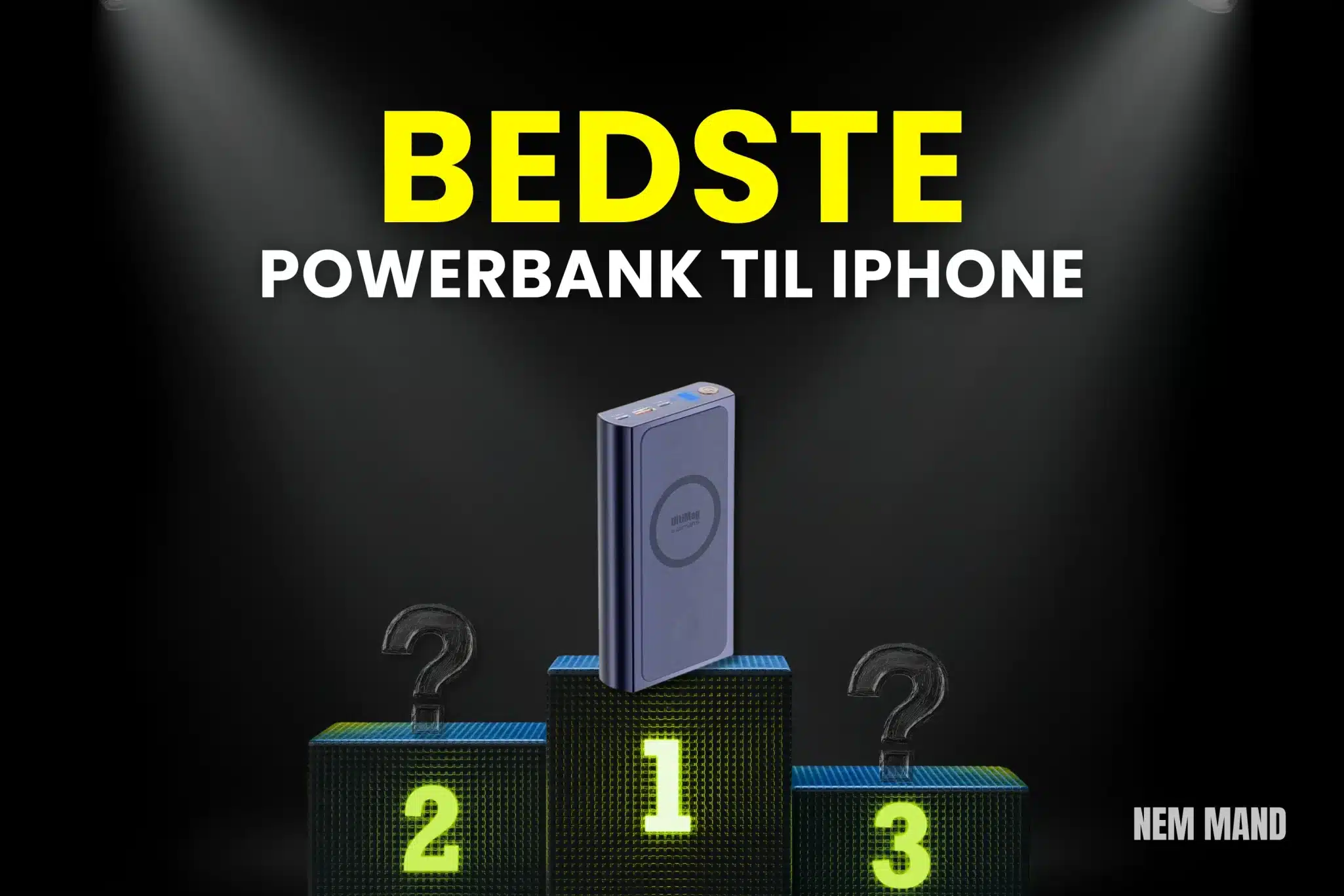 Bedste powerbank til iPhone rangeret som nummer 1 i bedst i test, vist på podie med fokus på kapacitet og mobil opladning