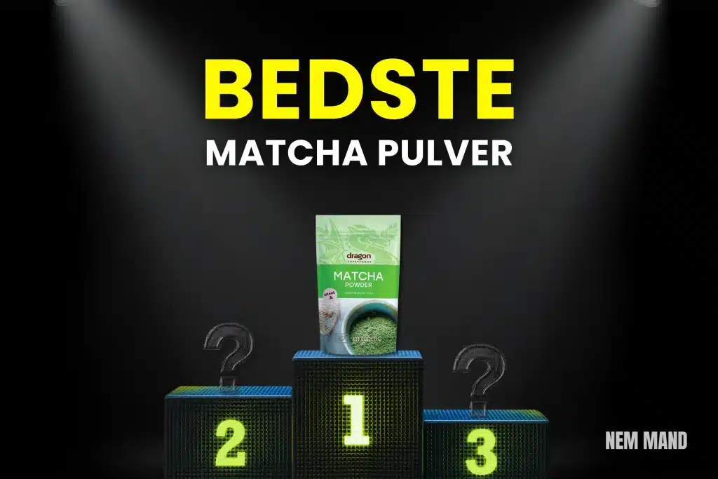 Bedst i test matcha pulver placeret som nummer 1 på podie, der illustrerer sammenligning af de bedste matcha pulver produkter til te, energi og daglig brug