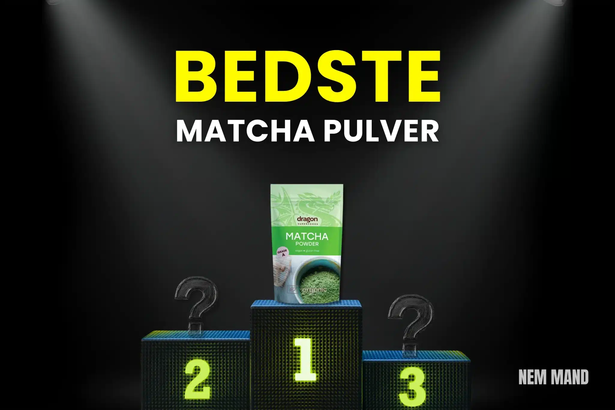 Bedst i test matcha pulver placeret som nummer 1 på podie, der illustrerer sammenligning af de bedste matcha pulver produkter til te, energi og daglig brug