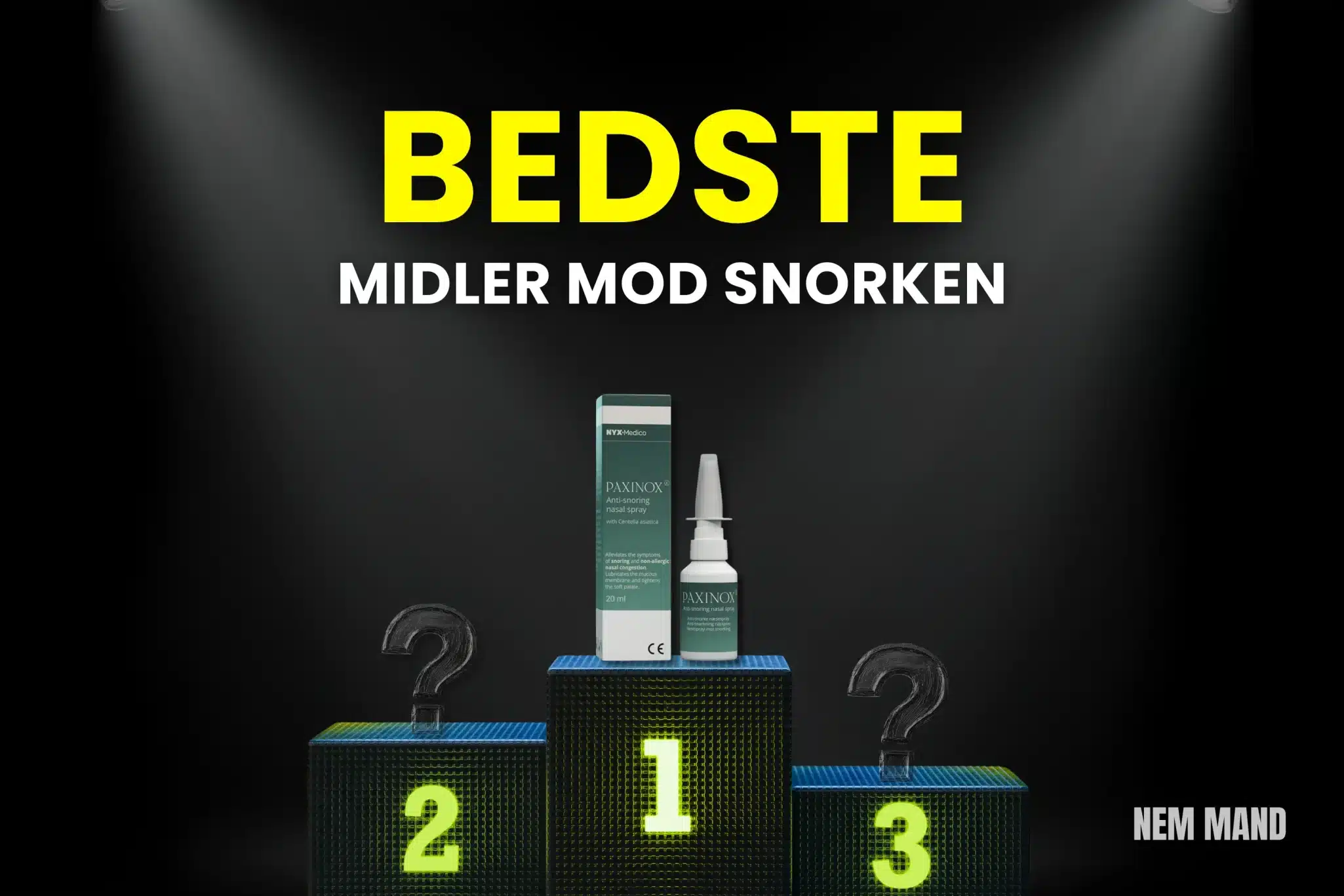 Bedst i test midler mod snorken vist på podie med nummer 1 som vinder, hvor de bedste snorkeprodukter sammenlignes til bedre søvn og reduceret snorken
