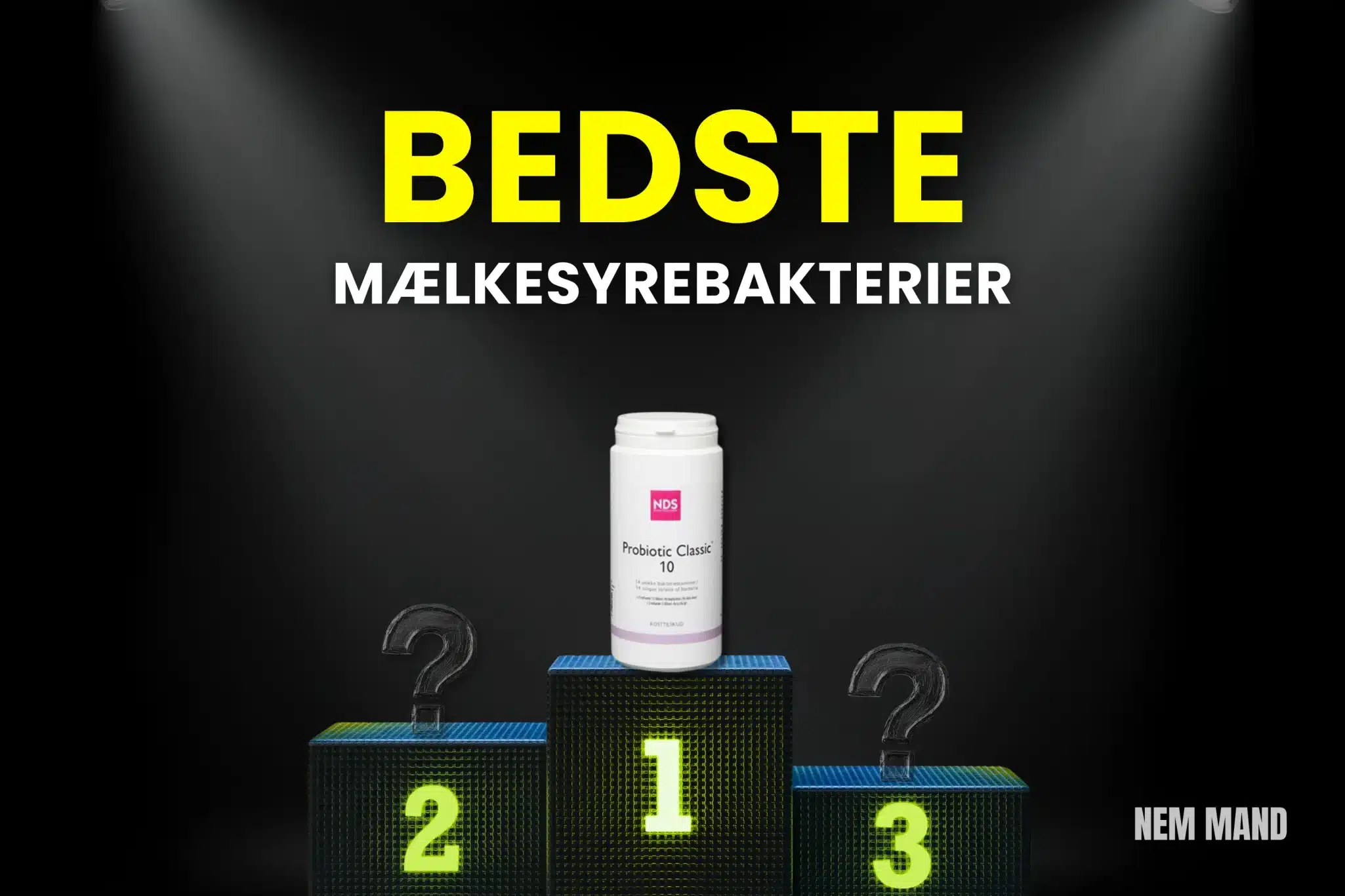 Bedst i test mælkesyrebakterier vist på podie med nummer 1 som vinder, hvor kosttilskud med mælkesyrebakterier sammenlignes med fokus på mave balance, fordøjelse og daglig sundhed
