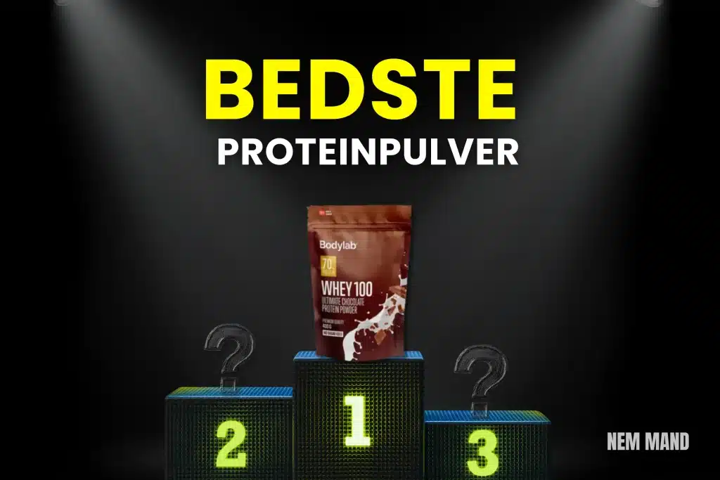 Bedste proteinpulver rangeret som nummer 1 i bedst i test, illustreret med podie og fokus på kosttilskud til styrketræning