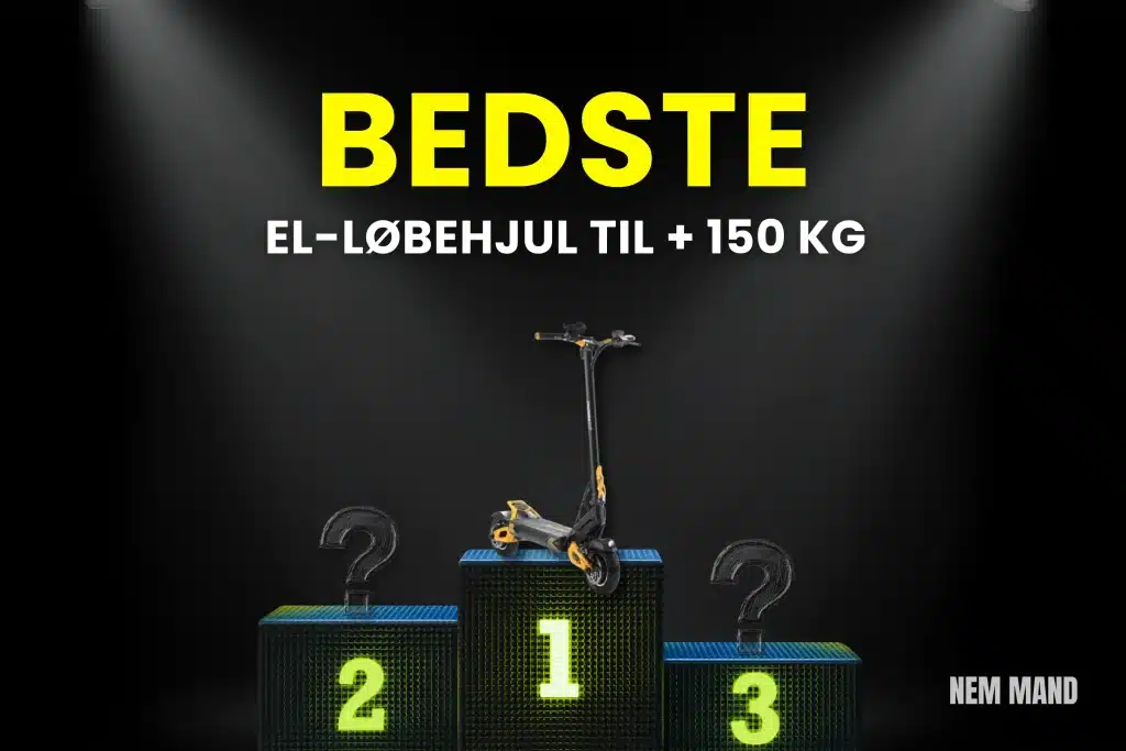 Bedst i test el løbehjul til over 150 kg vist på podie med nummer 1 som vinder, hvor robuste el løbehjul sammenlignes med fokus på høj bæreevne og stabil kørsel