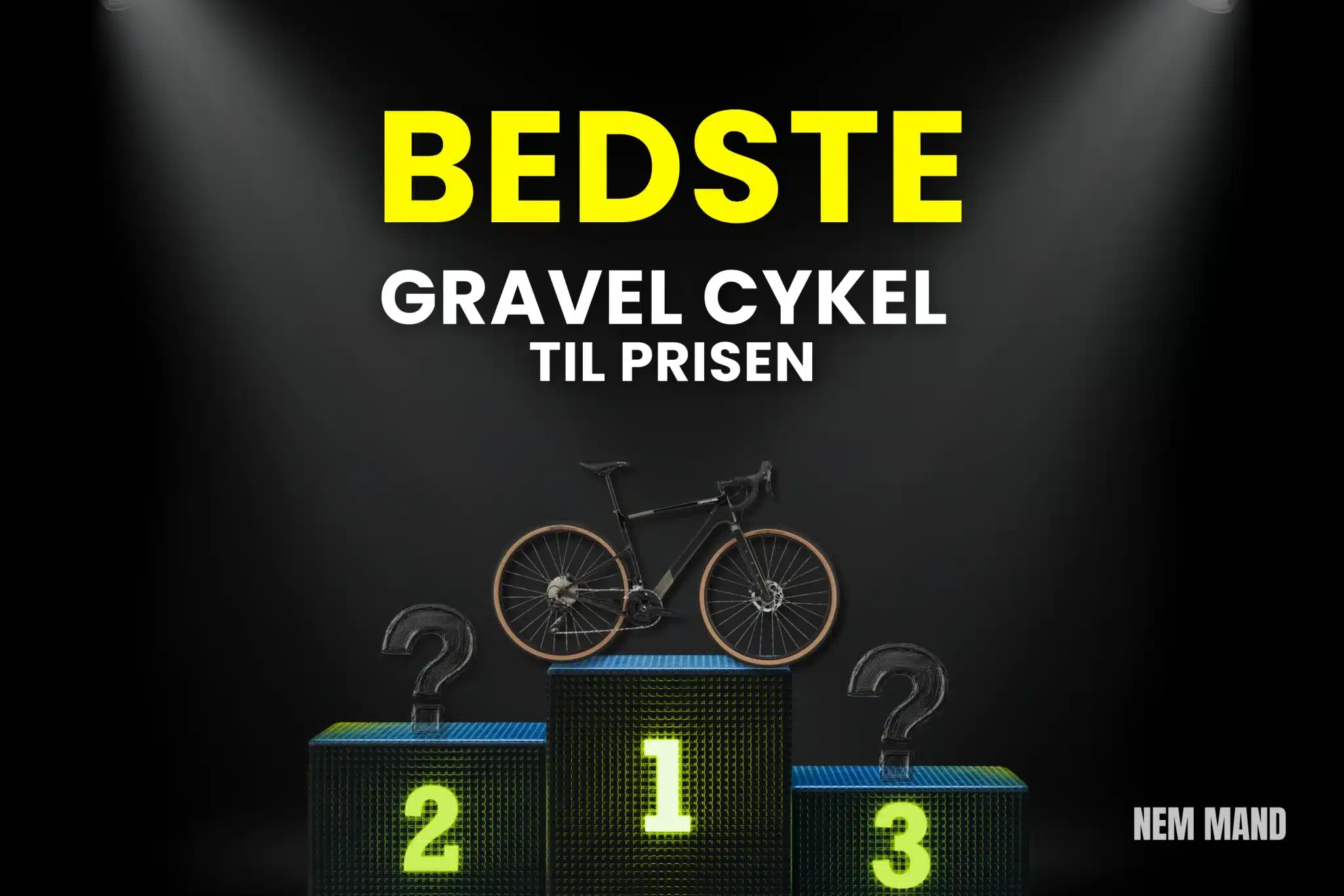 Bedst i test gravel cykel til prisen vist på podie med nummer 1 som vinder, hvor gravel cykler sammenlignes med fokus på kvalitet, komfort og værdi for pengene