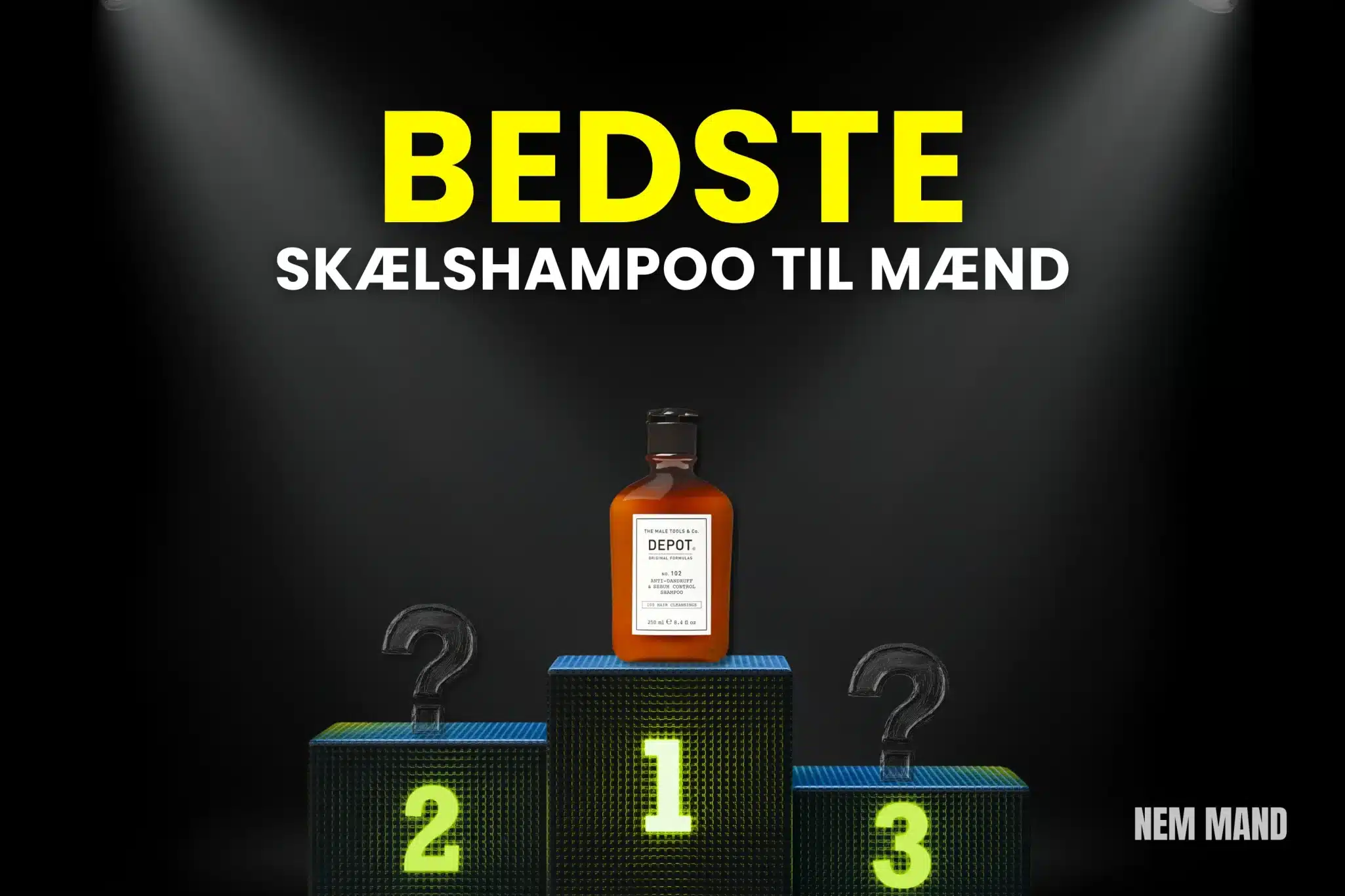 Bedst i test skælshampoo til mænd placeret som nummer 1 på podie, hvor de bedste shampooer mod skæl sammenlignes med fokus på hovedbund og hårpleje
