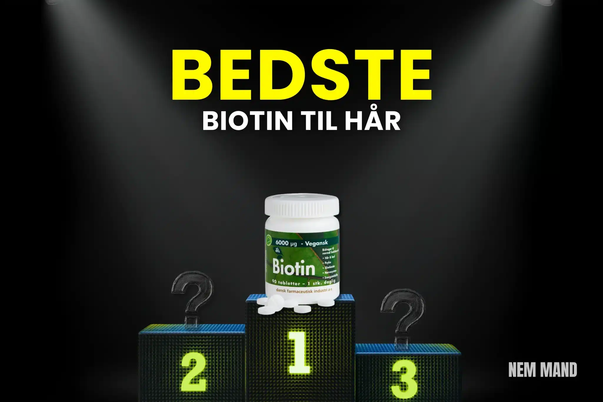 Bedst i test biotin til hår vist på podie med nummer 1 som vinder, hvor biotin kosttilskud sammenlignes med fokus på hårvækst, styrke og sundhed