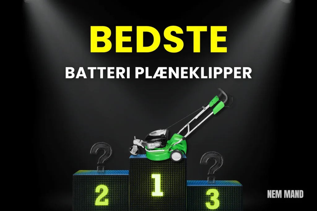Mand der bruger en batteri plæneklipper i en velholdt have med fokus på moderne akku teknologi. Billedet viser en let og stille batteri model i brug og understøtter guiden om valg af den bedste plæneklipper med batteri.