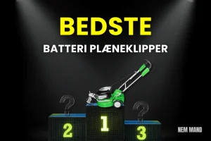 Mand der bruger en batteri plæneklipper i en velholdt have med fokus på moderne akku teknologi. Billedet viser en let og stille batteri model i brug og understøtter guiden om valg af den bedste plæneklipper med batteri.