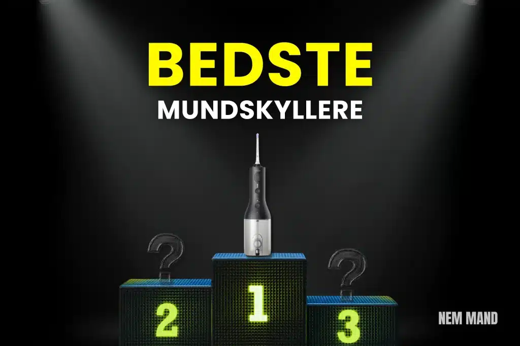 Bedst i test mundskyller vist som nummer 1 på podie, der illustrerer sammenligning af de bedste mundskyllere til mundhygiejne og daglig tandpleje