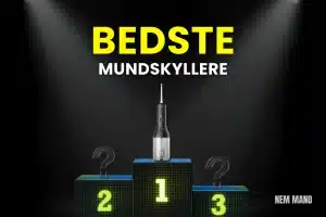 Bedst i test mundskyller vist som nummer 1 på podie, der illustrerer sammenligning af de bedste mundskyllere til mundhygiejne og daglig tandpleje