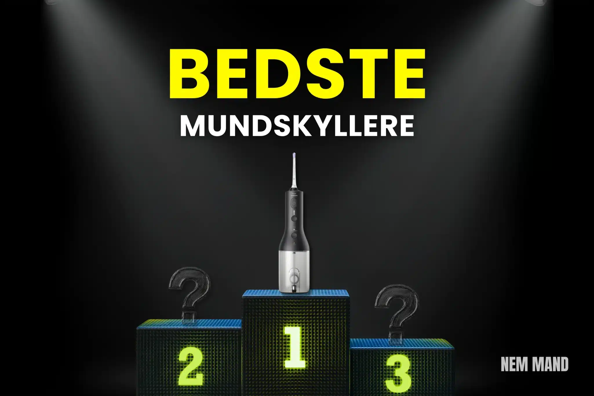 Bedst i test mundskyller vist som nummer 1 på podie, der illustrerer sammenligning af de bedste mundskyllere til mundhygiejne og daglig tandpleje